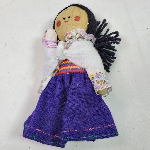 Vintage 1950s Handmade Peruvian Doll w/ Baby 6.5 Inch - Picture 1 of 4